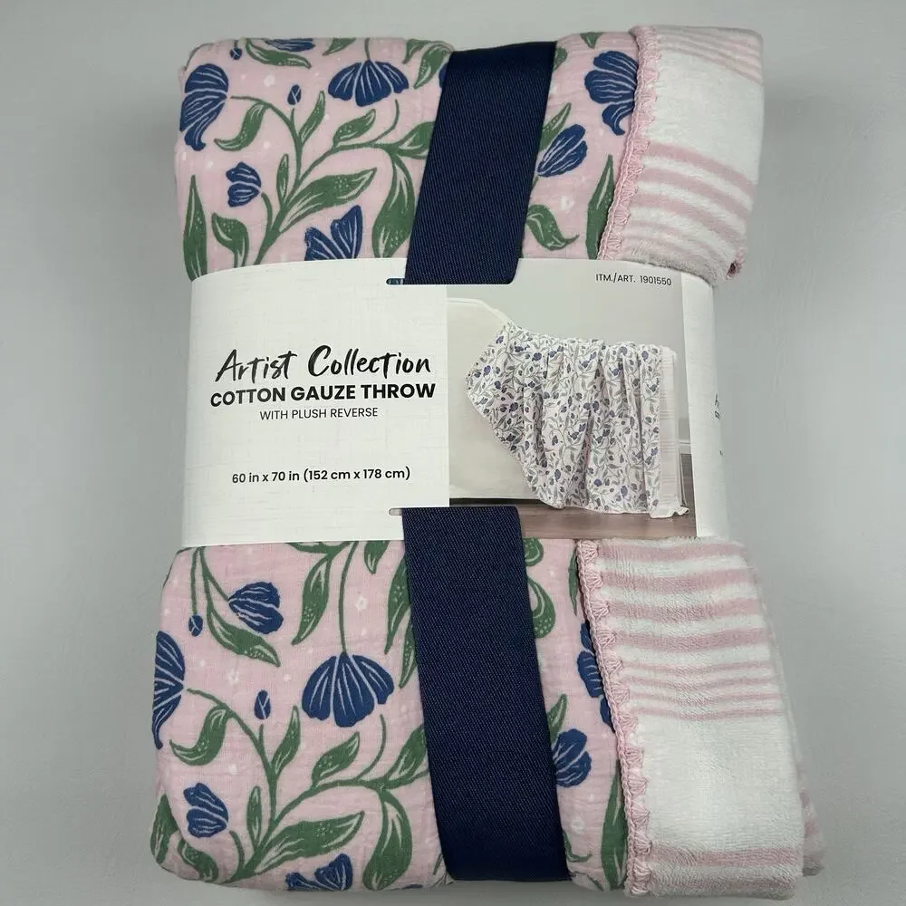 Artist Collection Cotton Gauze Throw Plush Reverse Pink Floral Blanket 60x70